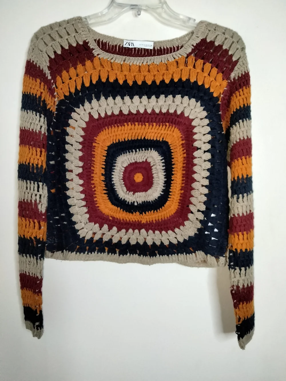ZARA (Sz M) Multicolor Crochet Square-Front Boho LS Sweater in Beige/Navy/Maroon